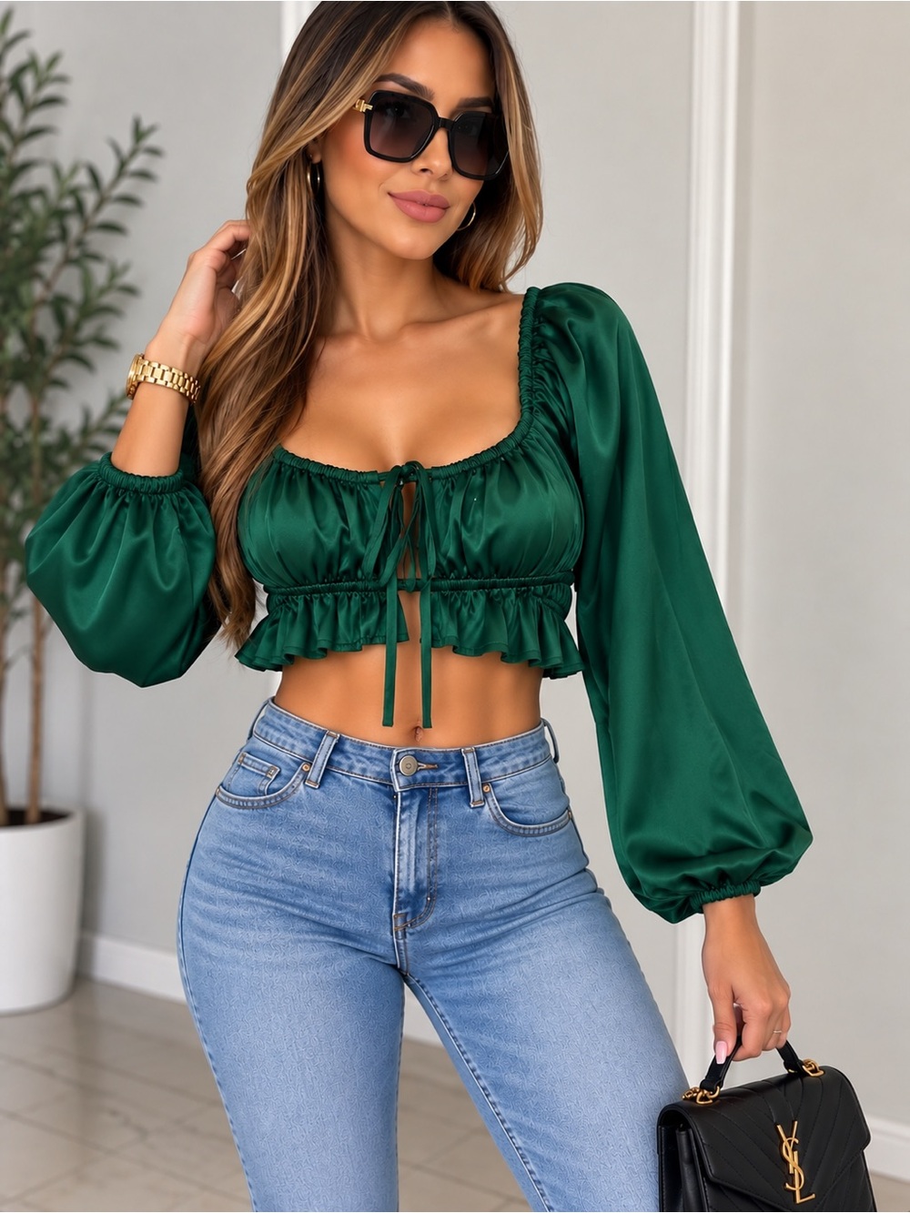 Forever 21 Emerald Green Satin Puff-Sleeve Tie-Front Crop Top